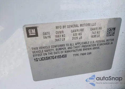 2016 Chevrolet Sonic Lt Auto from USA, damaged, VIN 1G1JC6SH7G4165458